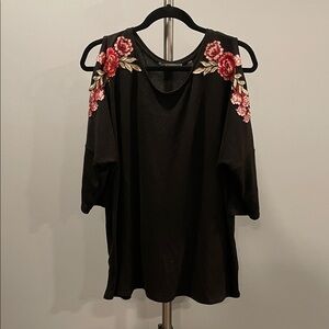89th & Madison Black Top with Red Floral Accents